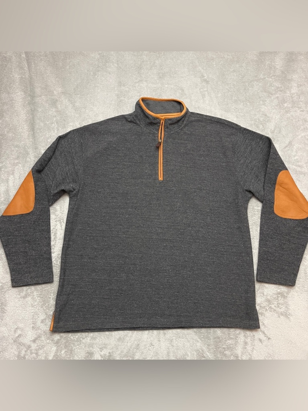 ORVIS Thermal 1/4 Zip Gray Sweater Mens XL Leather Elbow Patches & Trim Pullover